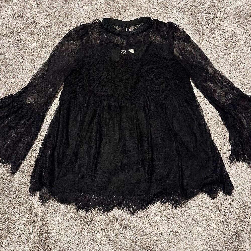 Entro Dress Size Large Short Mini Shift Aline Black Long Sleeve Boho Lace
